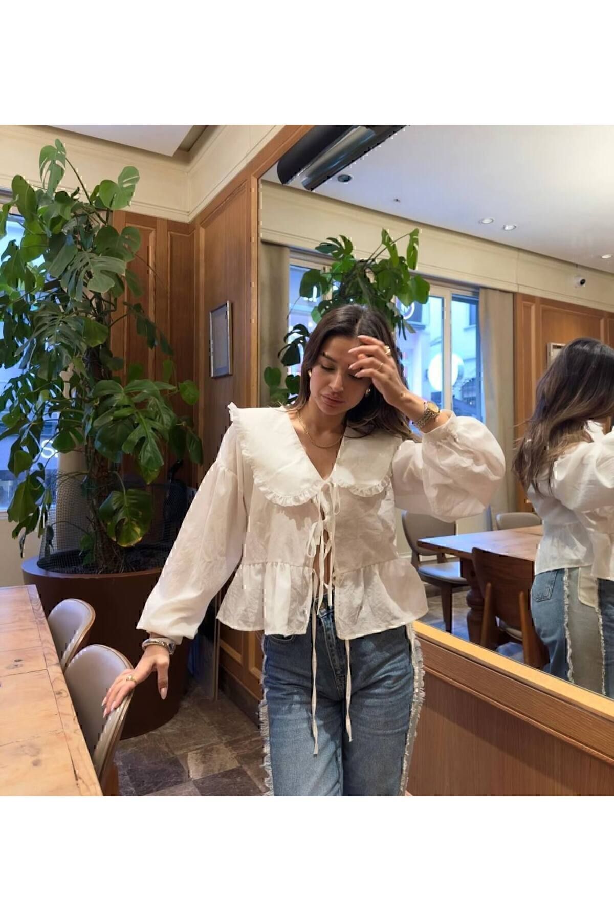 Genel Markalar  Bebe Yaka Pamuk Keten Karışımı Beyaz Gömlek - Görsel 2