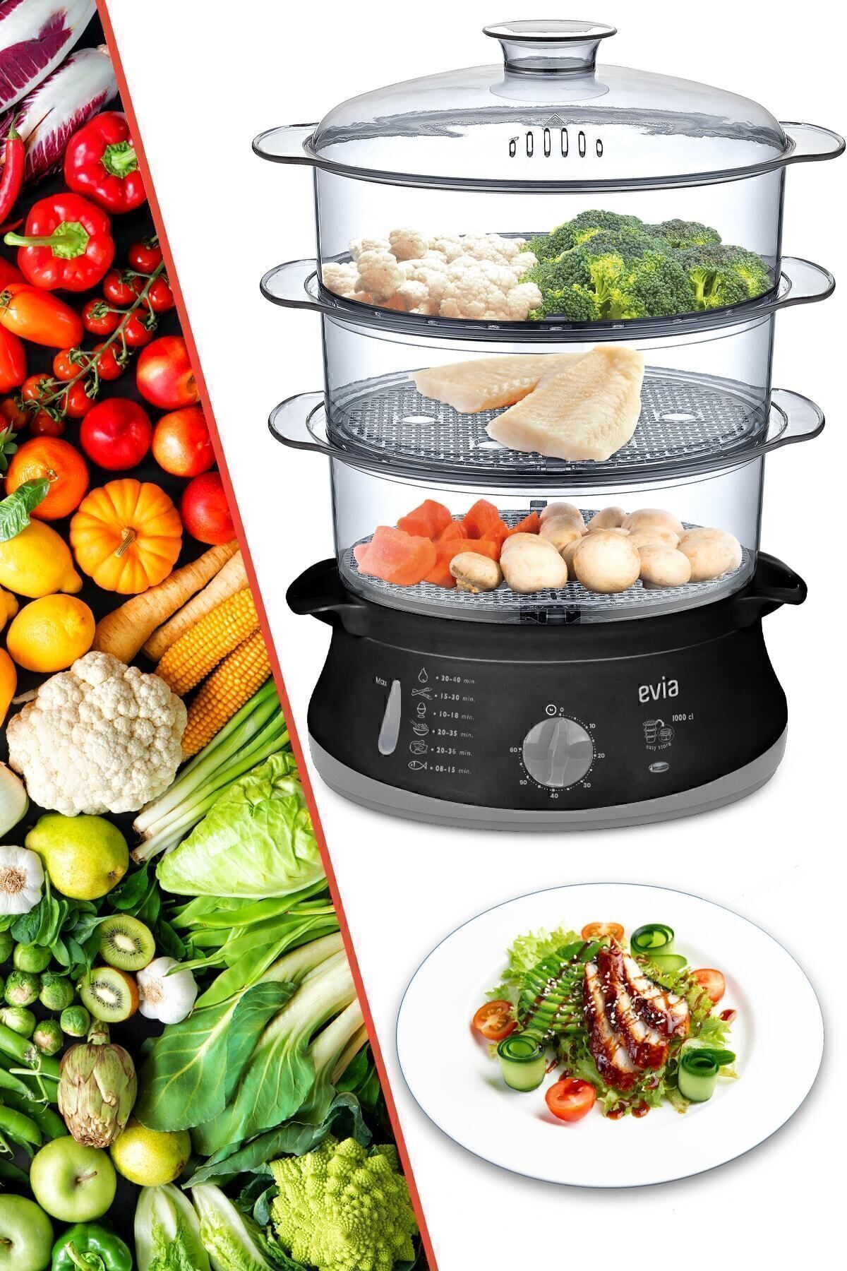 Evia Steam 60 Dakika Zaman Ayarlı 10 Litre Bpa Içermeyen Buharlı Pişirici fotoğrafı 2 (önizleme)