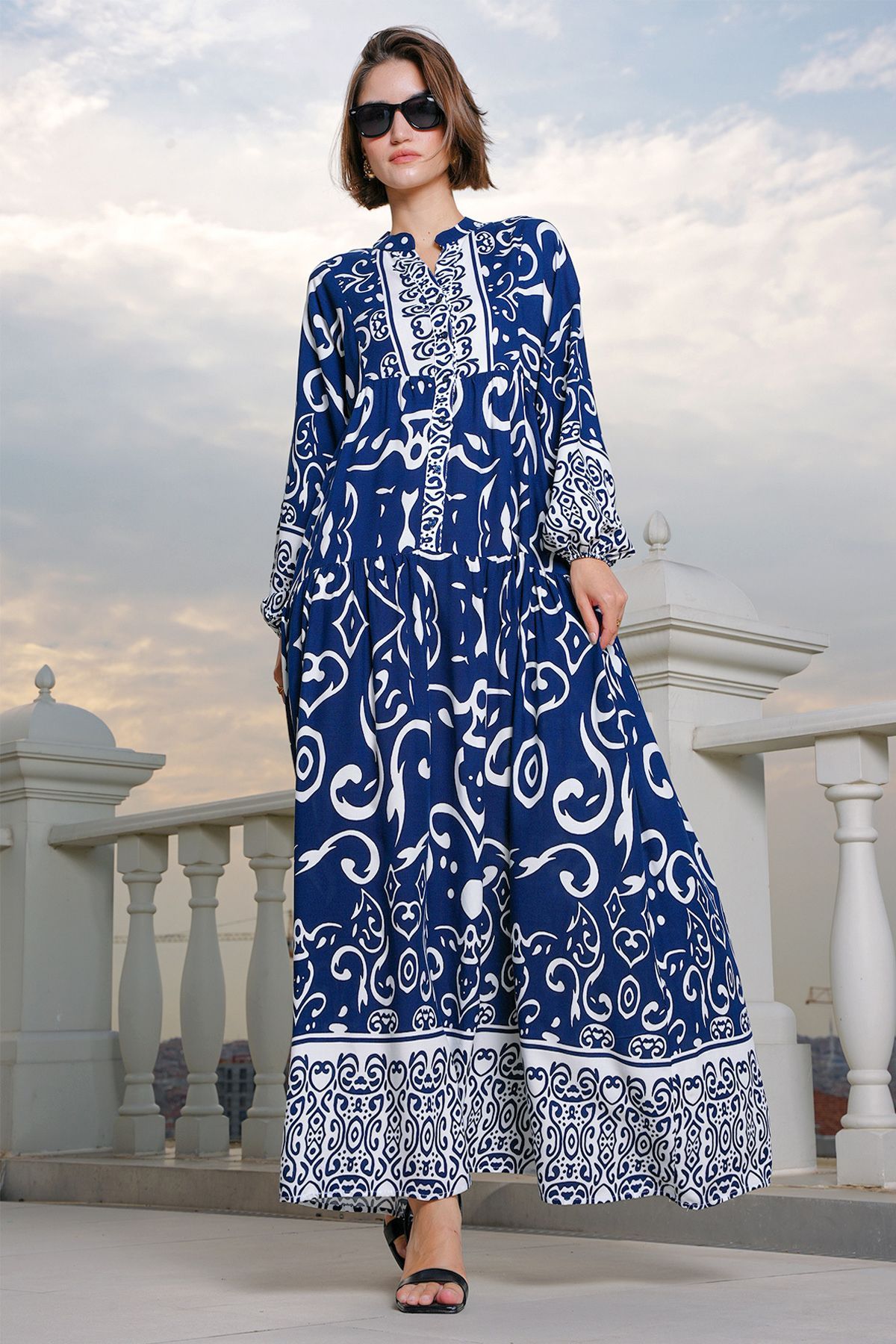 Bigdart-2423 Model Authentic Patterned Navy Blue Dress 1