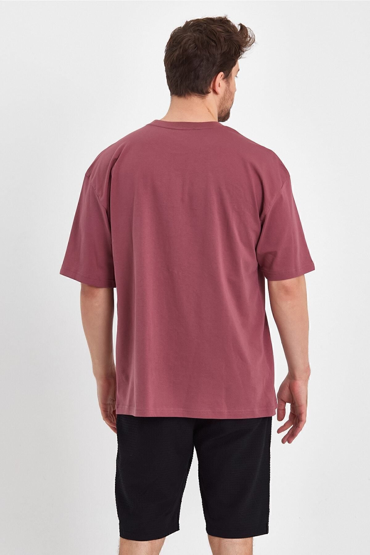 THE RULE-Ανδρικό Teddy Bear με στάμπα Oversize 100% βαμβακερό φαρδύ φαρδύ μπλουζάκι με λαιμόκοψη χαλαρό Dusty Rose T-shirt 4