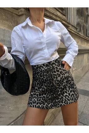 LB Laluna Butik Kadın Leopar Desen Yüksek Bel Arkası Şort Etek Denim Kumaş