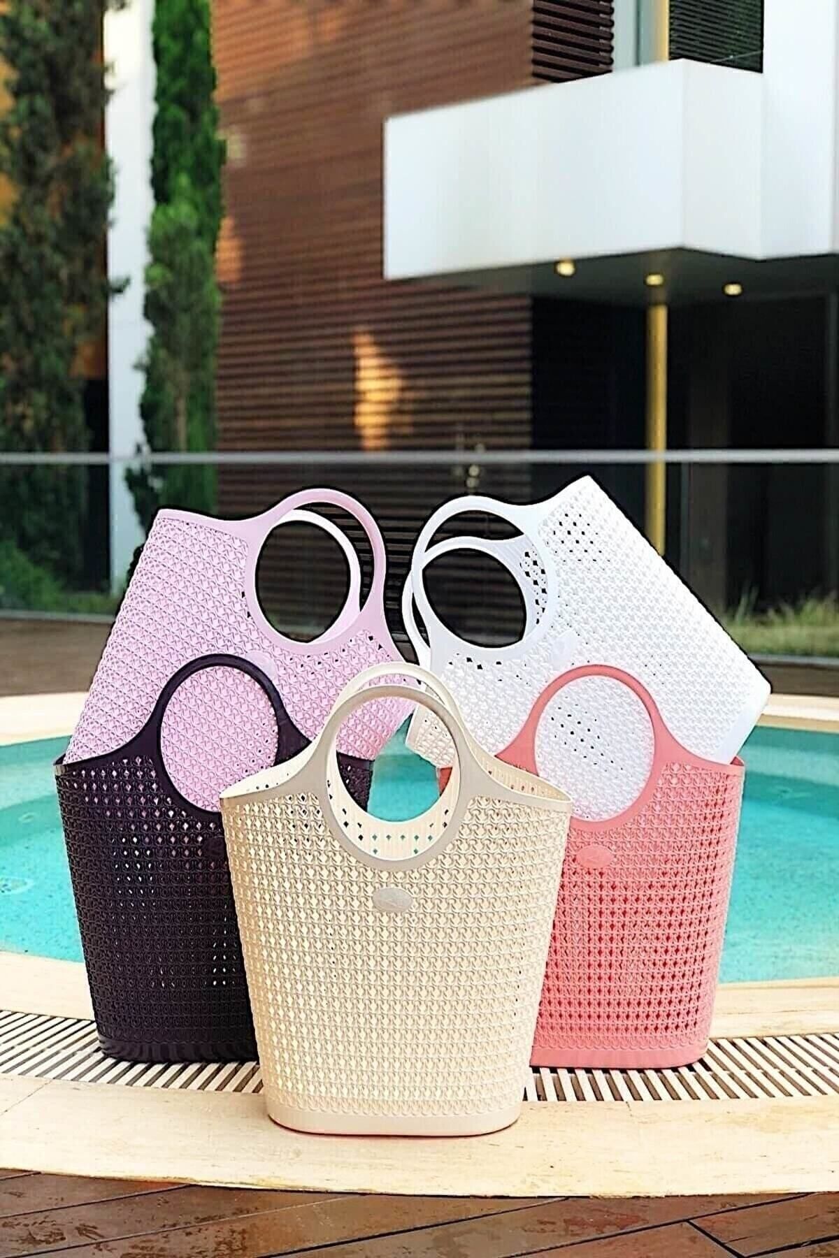 Arma House-Knitted Patterned Large Powder Pink Color Plastic Beach Bag C1-8 3