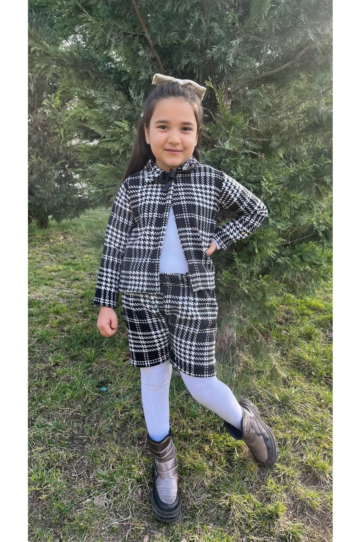 AKİF GİYİM Kız Çocuk Siyah Beyaz Kazayağı Desenli Uzun Kollu Alt Üst Etek Ceket Takım fotoğrafı 2 (önizleme)
