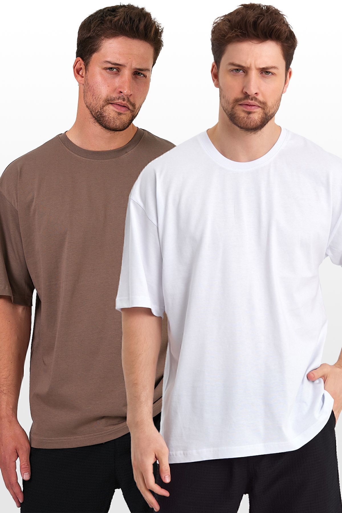 Erkek Beyaz - Kahverengi Oversize Fit Bol Kesim Bisiklet Yaka %100 Pamuk Basic 2'li Tişört Paketi