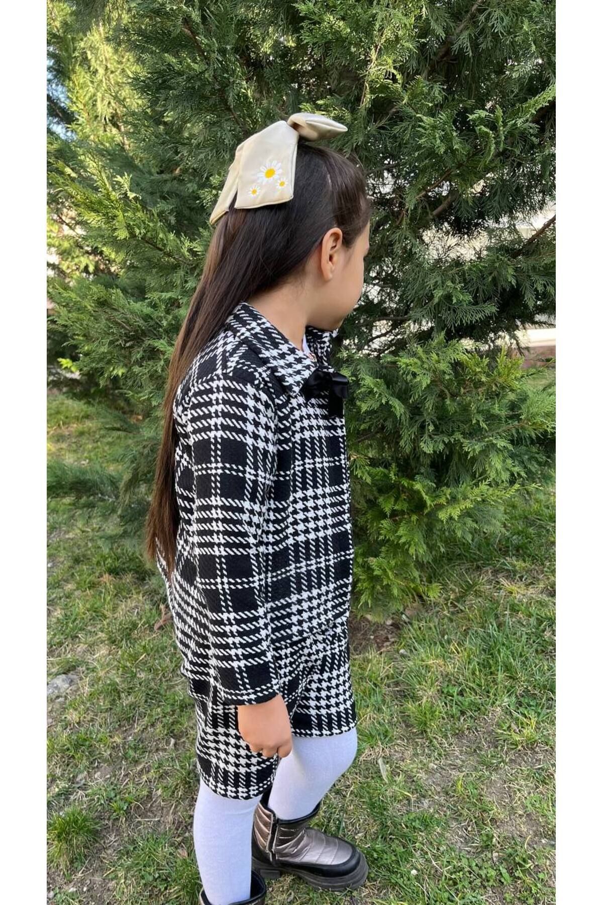 AKİF GİYİM Kız Çocuk Siyah Beyaz Kazayağı Desenli Uzun Kollu Alt Üst Etek Ceket Takım fotoğrafı 4 (önizleme)