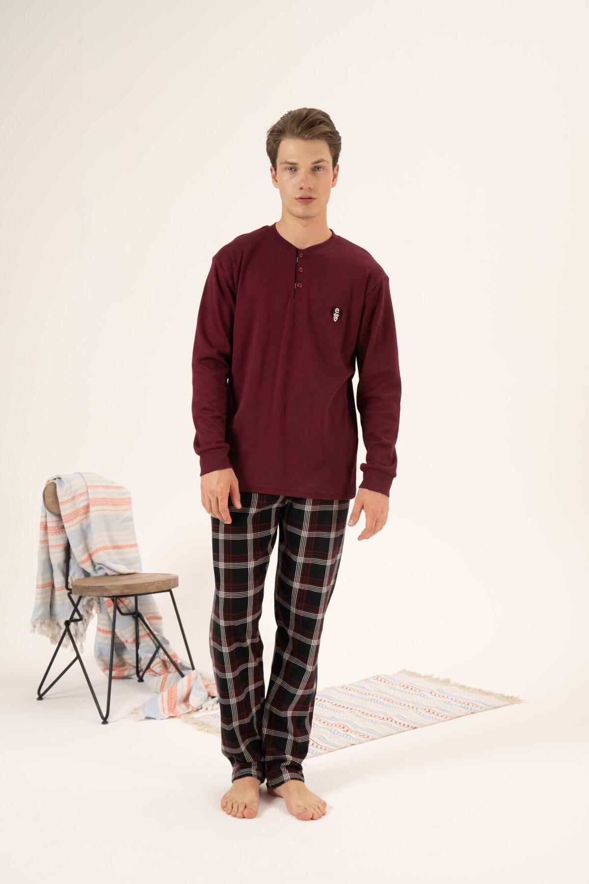 Estiva-Men's Winter Pajama Set - Buttoned Collar, Checkered Bottom, Super Soft Interlock, Claret Red 4