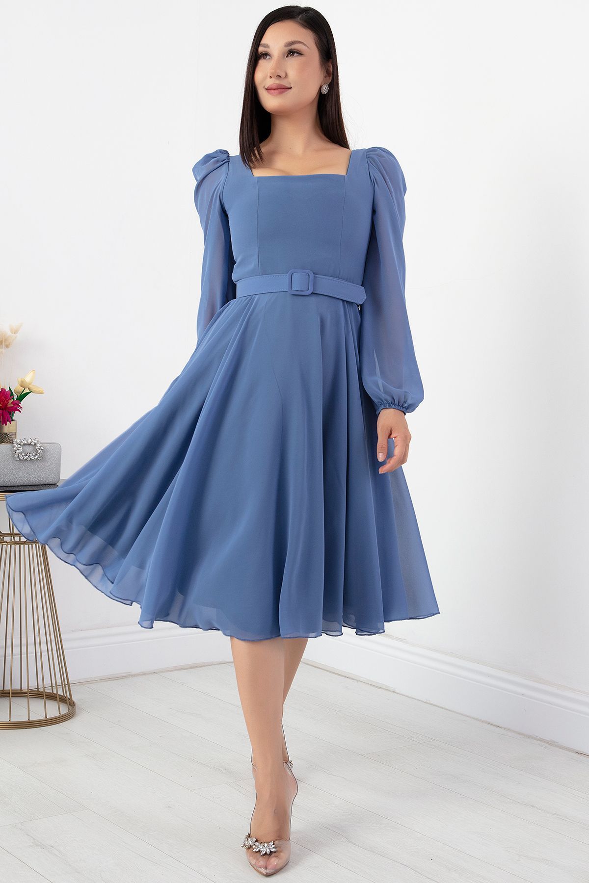 PULLIMM-Chiffon Dress - Square Collar, Dns1302 Model 5