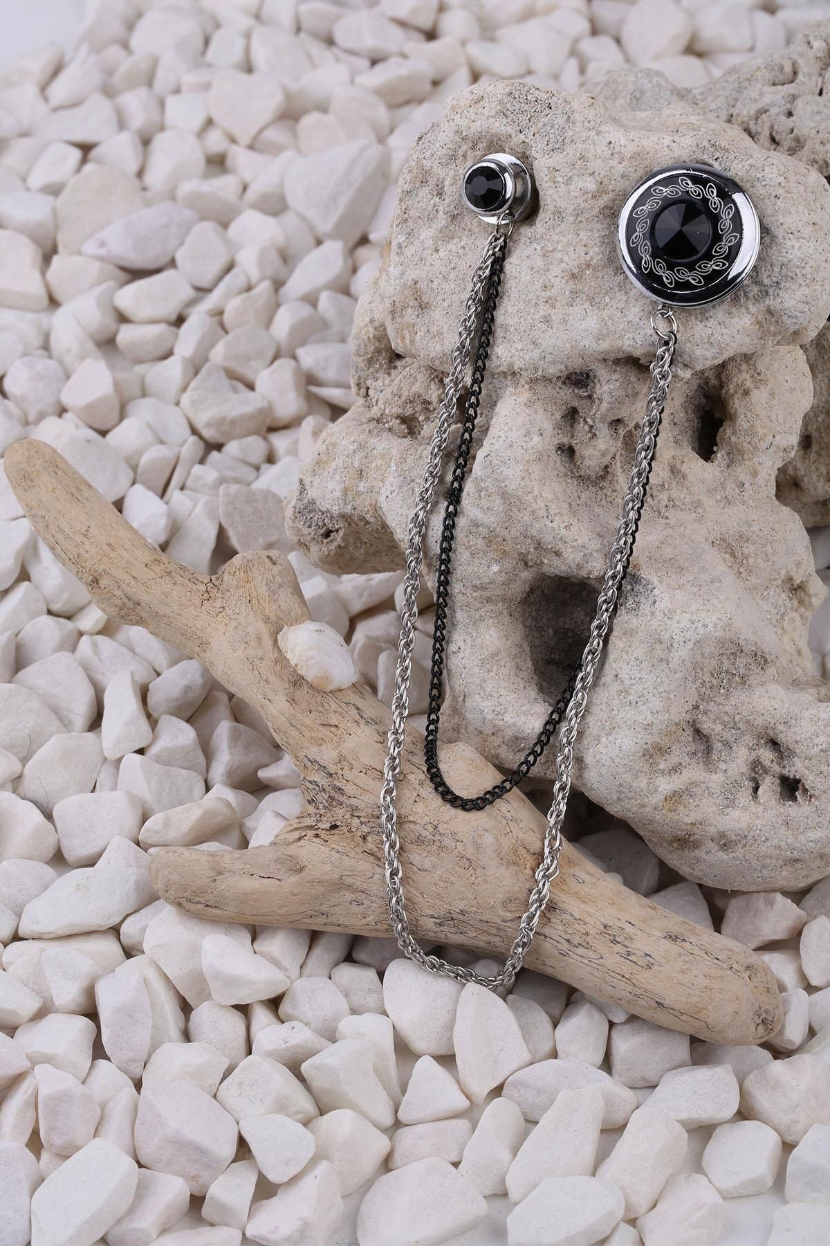  سنجاق یقه زنجیری سنگی مشکی YI129