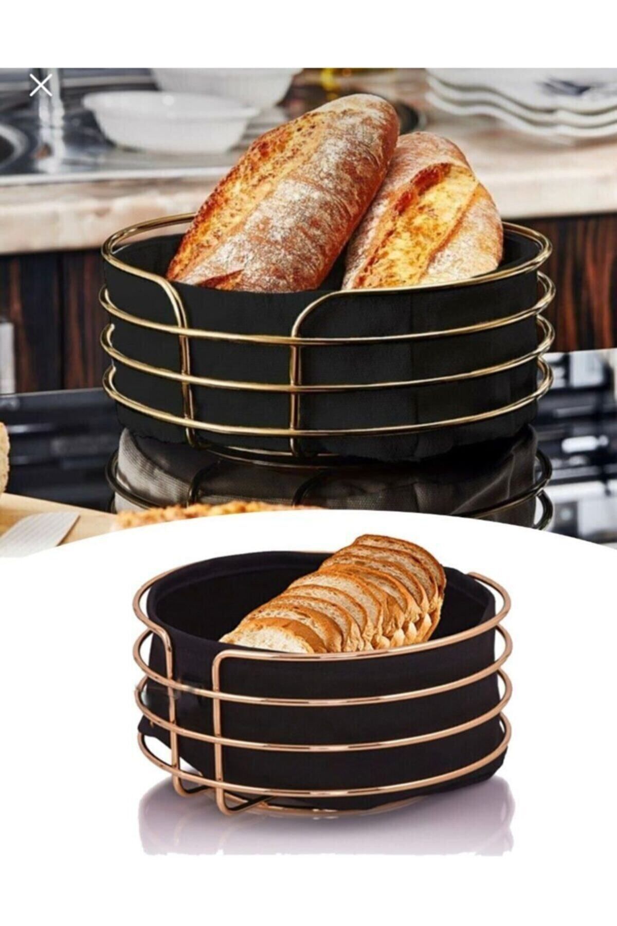 Round Bread Basket Multipurpose Gold Stainless Basket Black Fabric