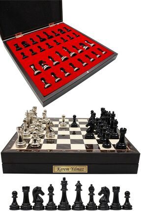 Cooper Chess 36cm Ahşap Ceviz Desenli Kutulu Metal Satranç takımı | Siyah Güm...