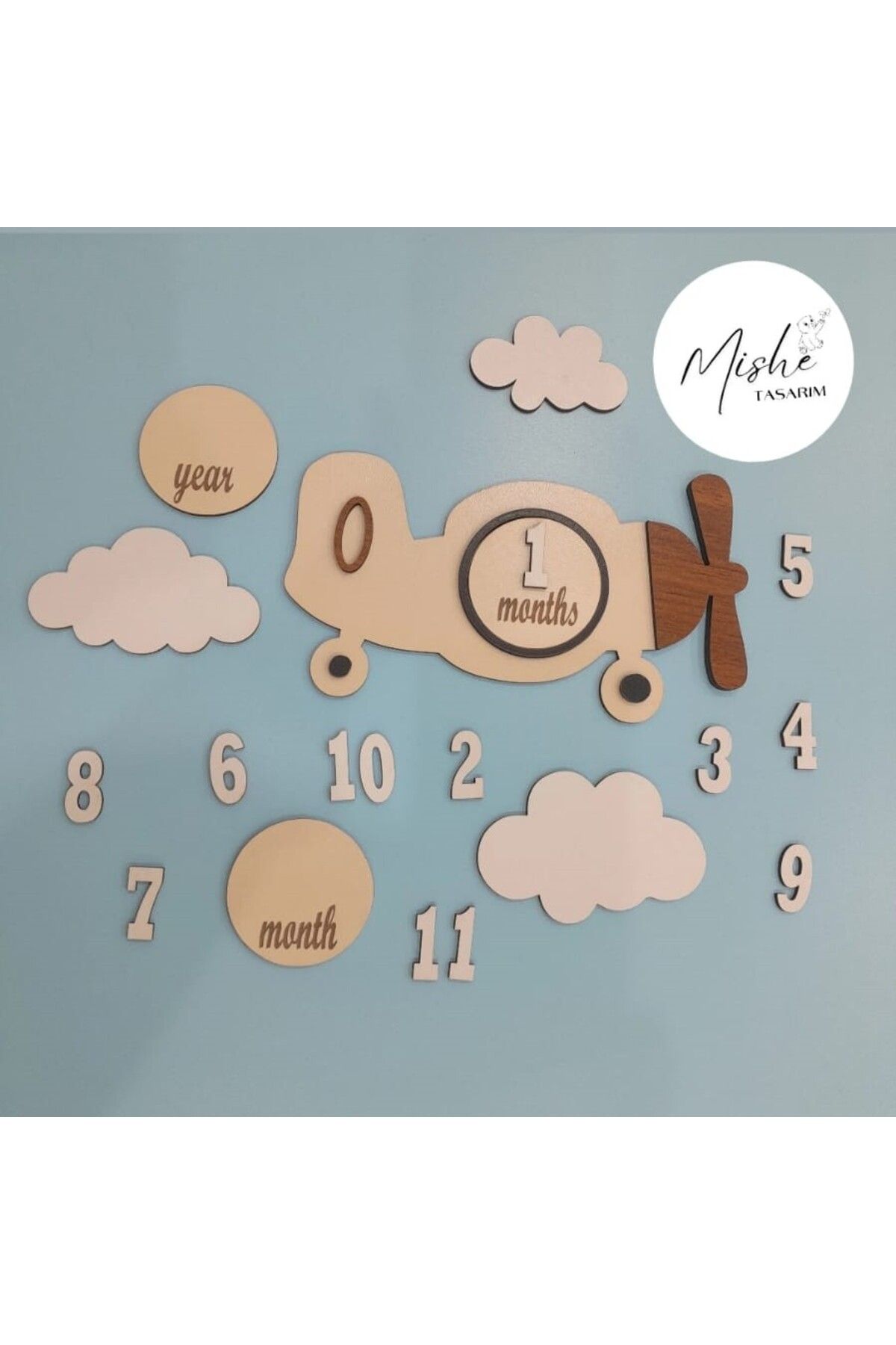 MİSHE TASARIM Mishe Tasarım Ahşap Uçak Fotoğraf Çekim Anı Kartı Aylık Plak Seti