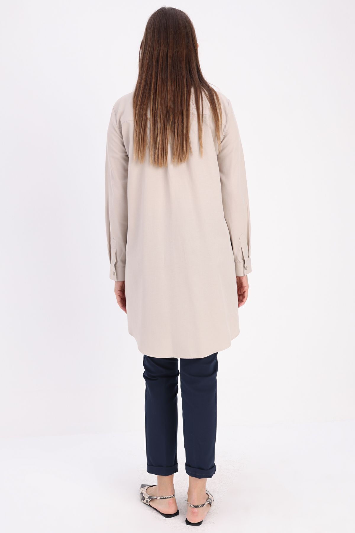 ALLDAY-Μπεζ Basic Hidden Placket πουκάμισο Tunic 4
