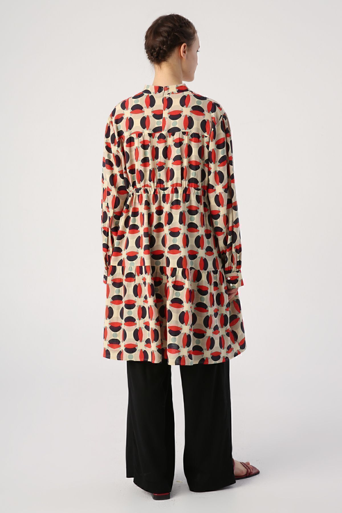 ALLDAY-Ecru-red High Collar Patterned Tunic with Gather Detail at Waist 4