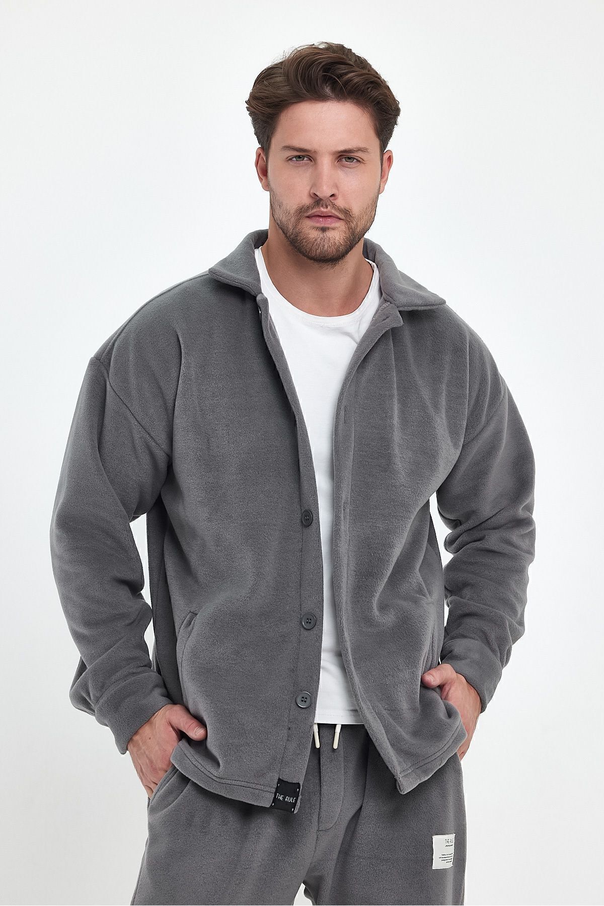 THE RULE  Erkek Oversize Tüylenme Yapmayan Soğuk Geçirmez Bol Kesim Gömlek Yaka Ice Gri Polar Hırka Rf0312 - Görsel 5