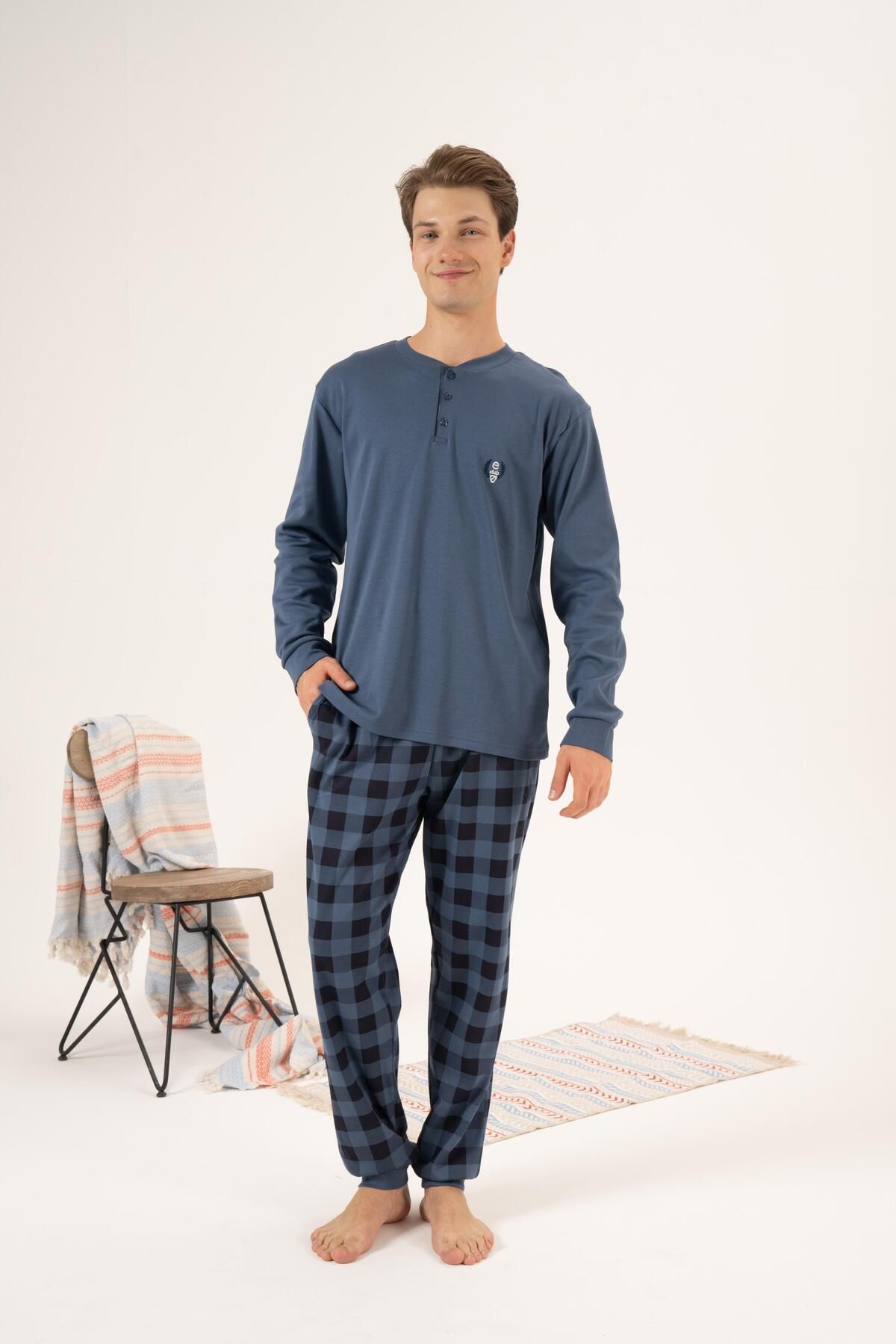 Estiva-Men's Winter Indigo Pajama Set - Button Collar, Checkered Bottom, Super Soft Interlock 1