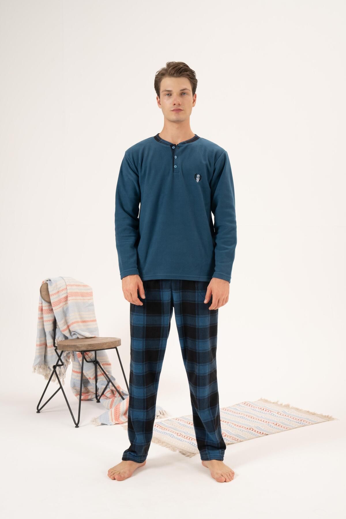 Estiva Erkek Kışlık Düğmeli Yaka Kareli Alt Polar Pijama Takımı