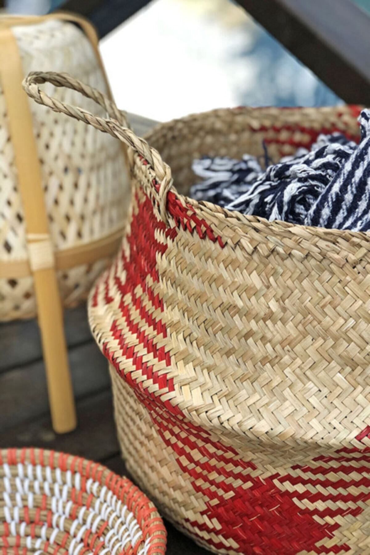 did homeware-Sumer Multi-Purpose Handmade Natural Knitted Red Plaid Large Wicker Basket 4