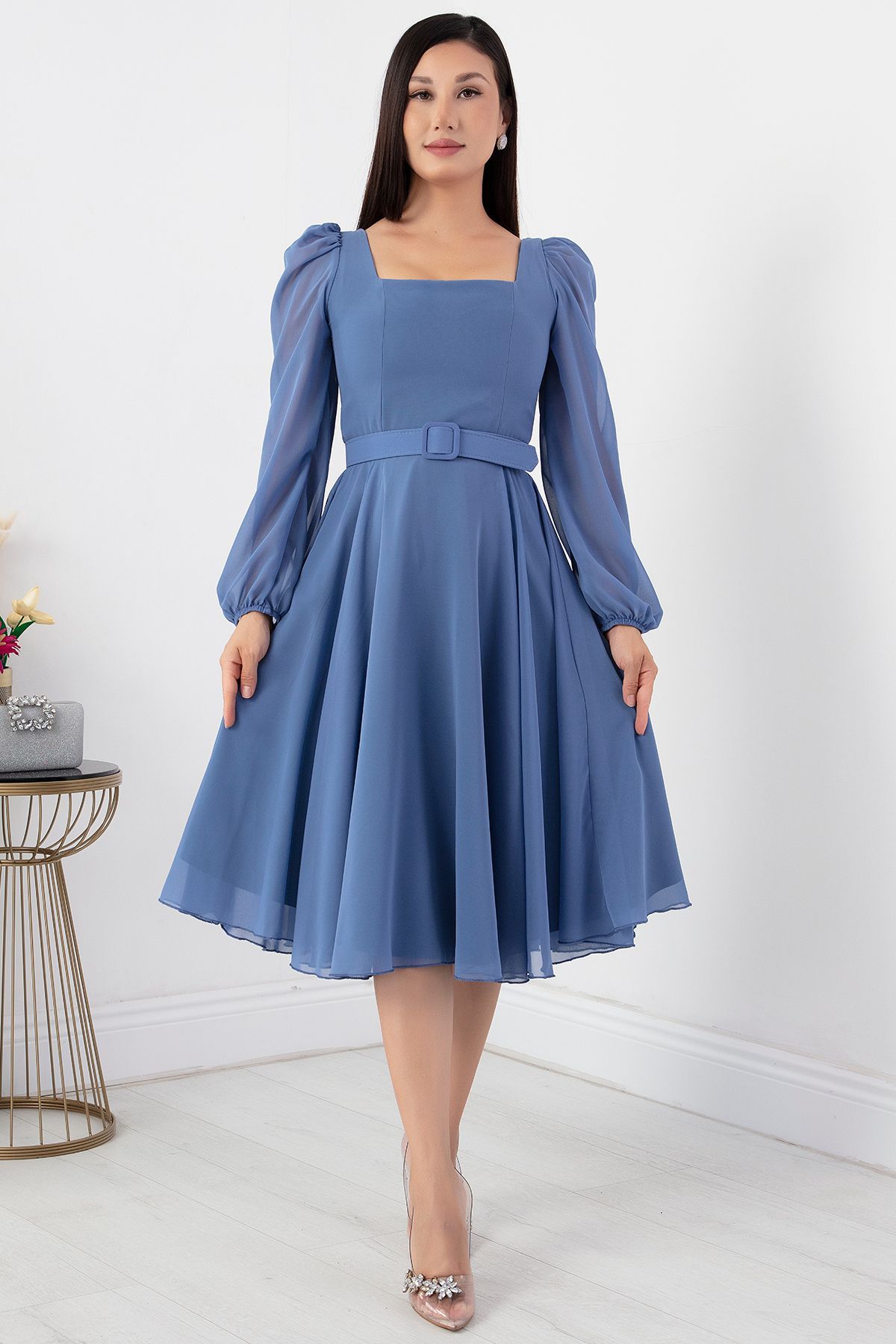 PULLIMM-Chiffon Dress - Square Collar, Dns1302 Model 3
