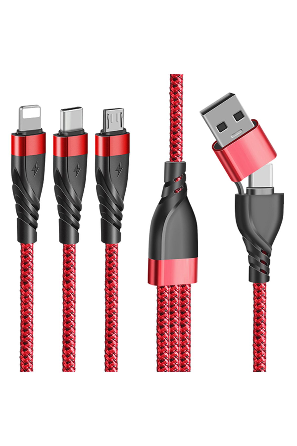 Ally 3in1 Type-C + USB To Lightning + Type-c + Micro Usb Şarj ve Data Kablosu KIRMIZI