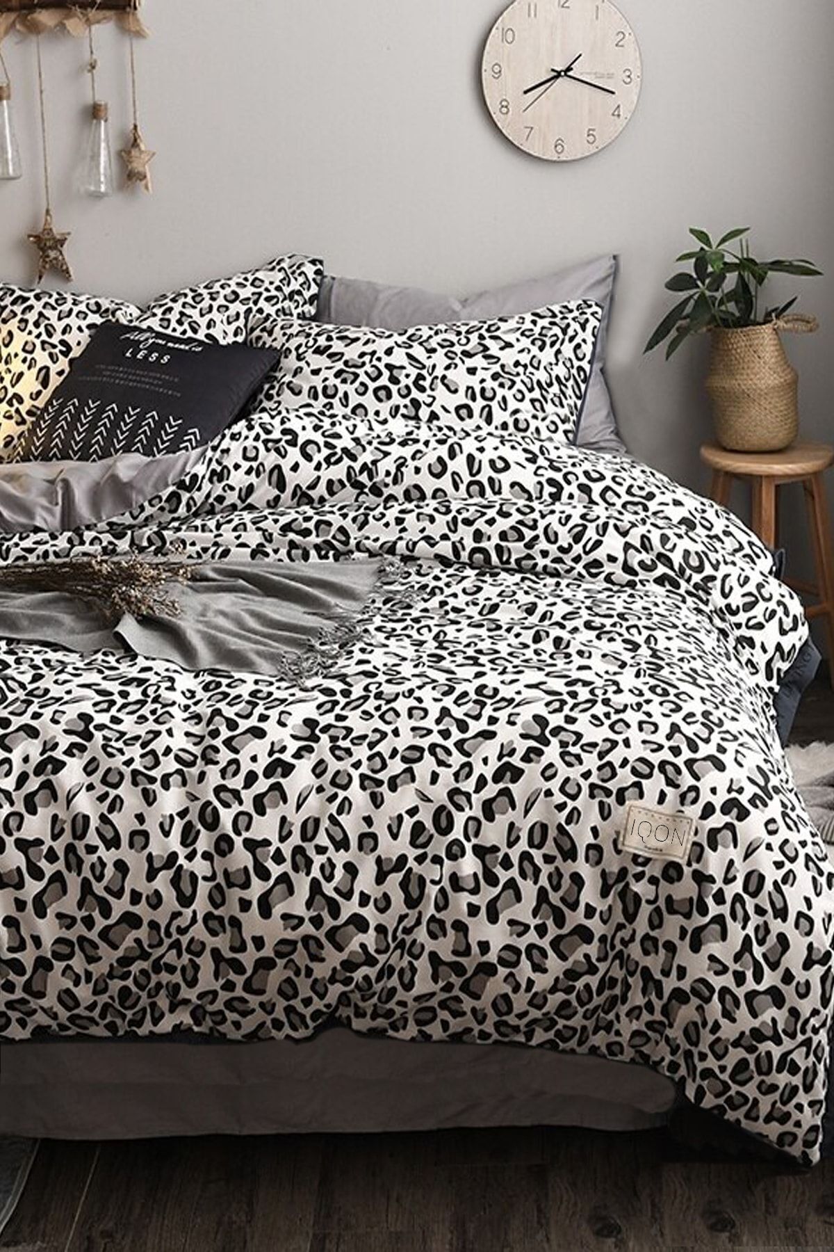 İQON-Spannbettlaken-Bettbezug-Set, Einzelbett, Leopardenmuster, rein, Schwarz/Weiß 4