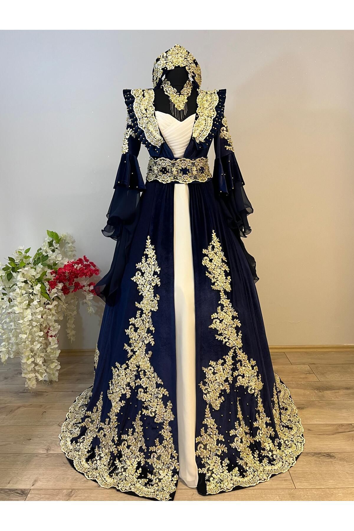zumrut kaftanevi velvet bindallı navy blue new season