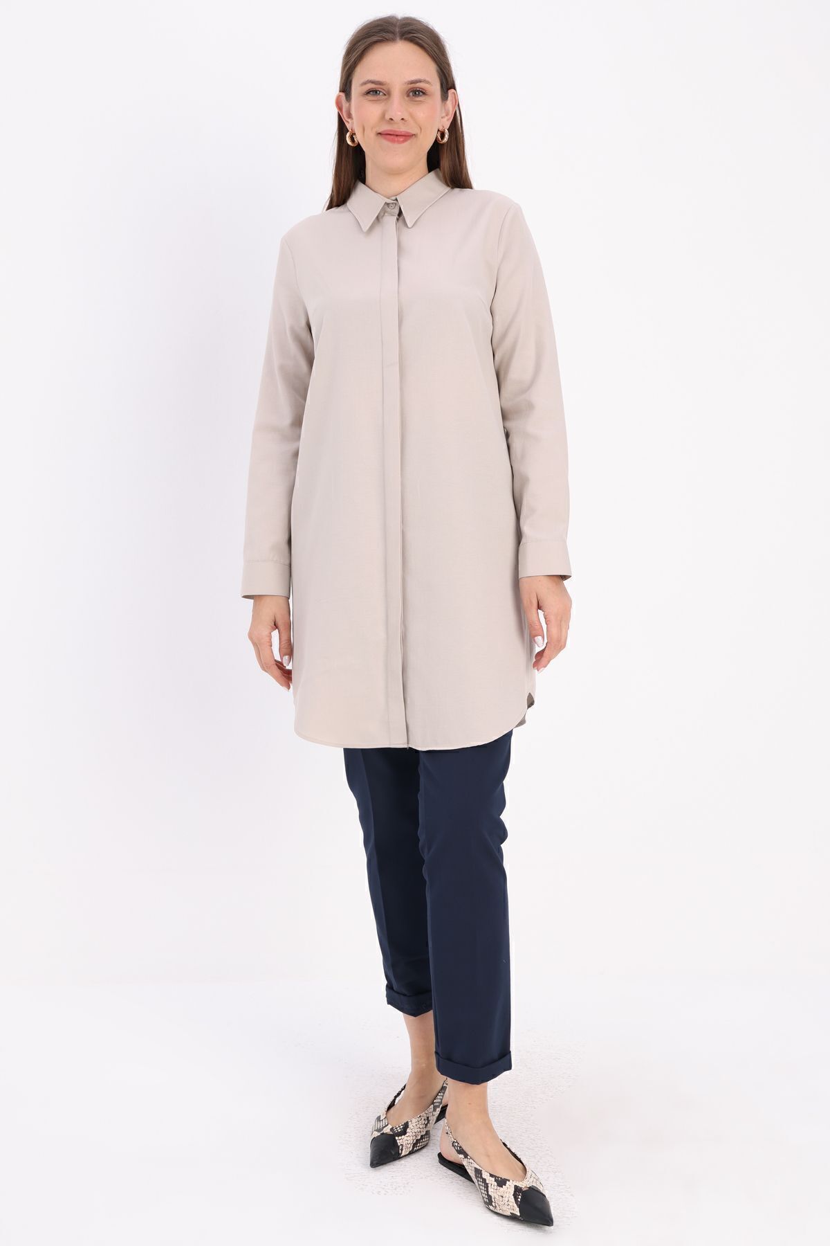 ALLDAY-Μπεζ Basic Hidden Placket πουκάμισο Tunic 2