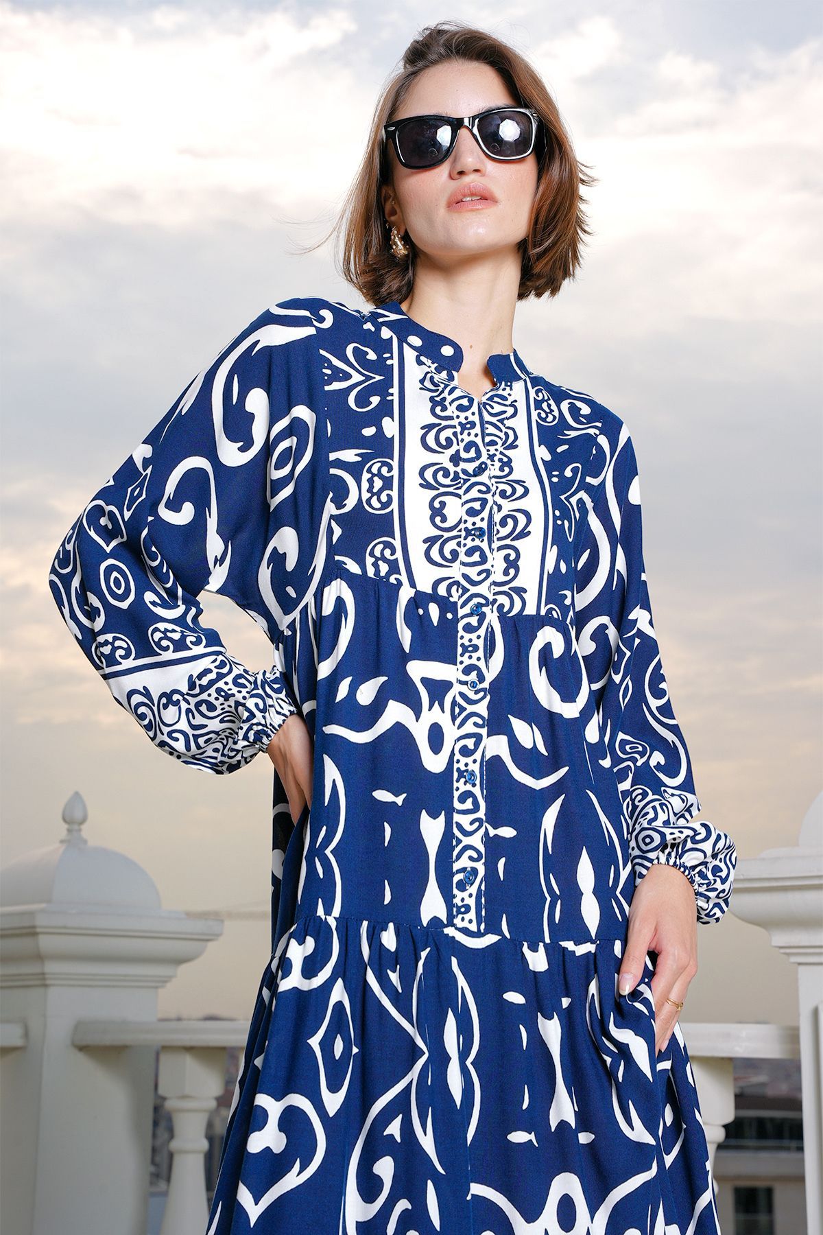 Bigdart-2423 Model Authentic Patterned Navy Blue Dress 5