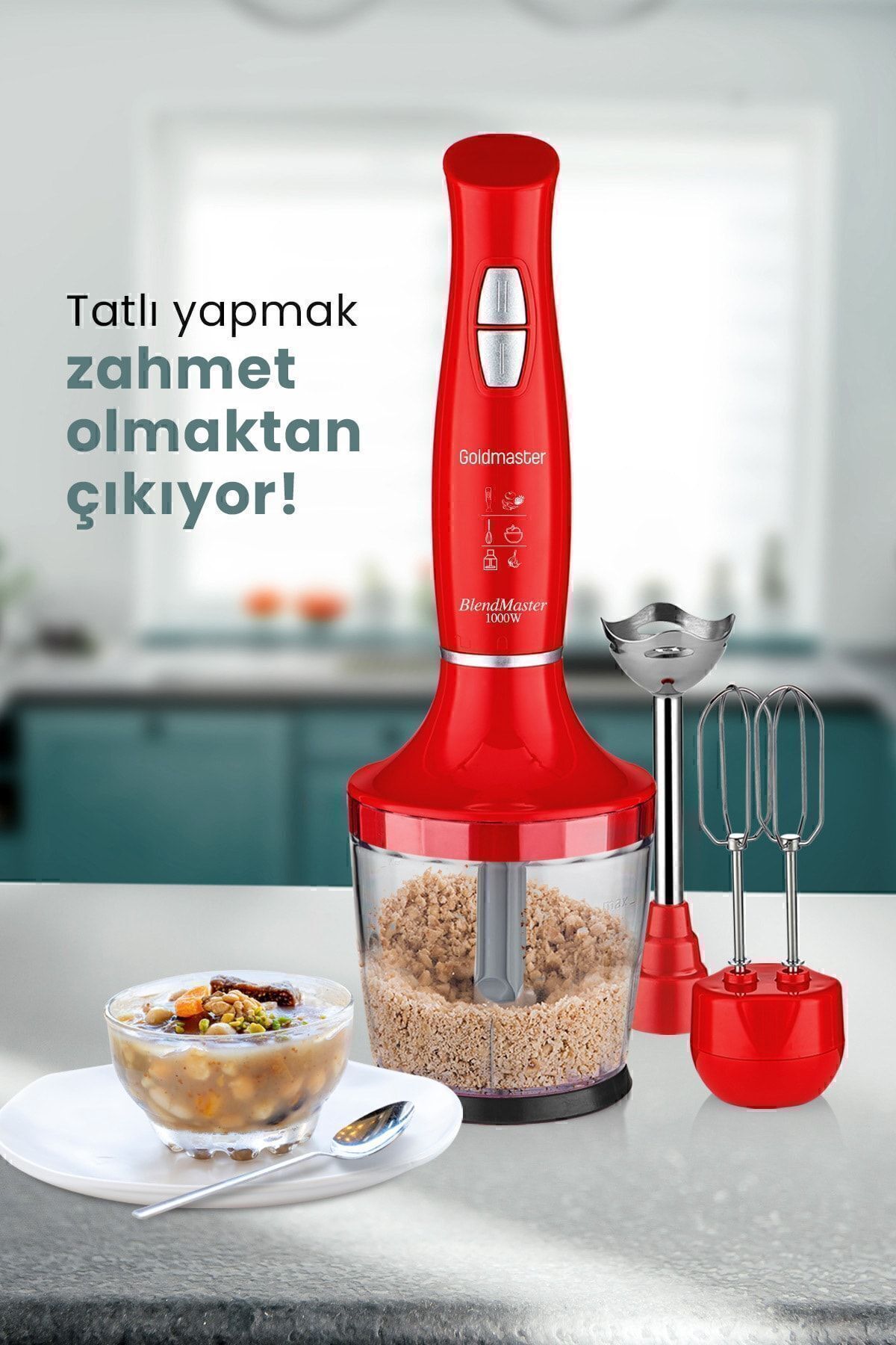 GOLDMASTER-Blendmaster Red 1000 Watt Silent Speed Adjustable 3 In 1 Chopper Mixing Blender Set 5