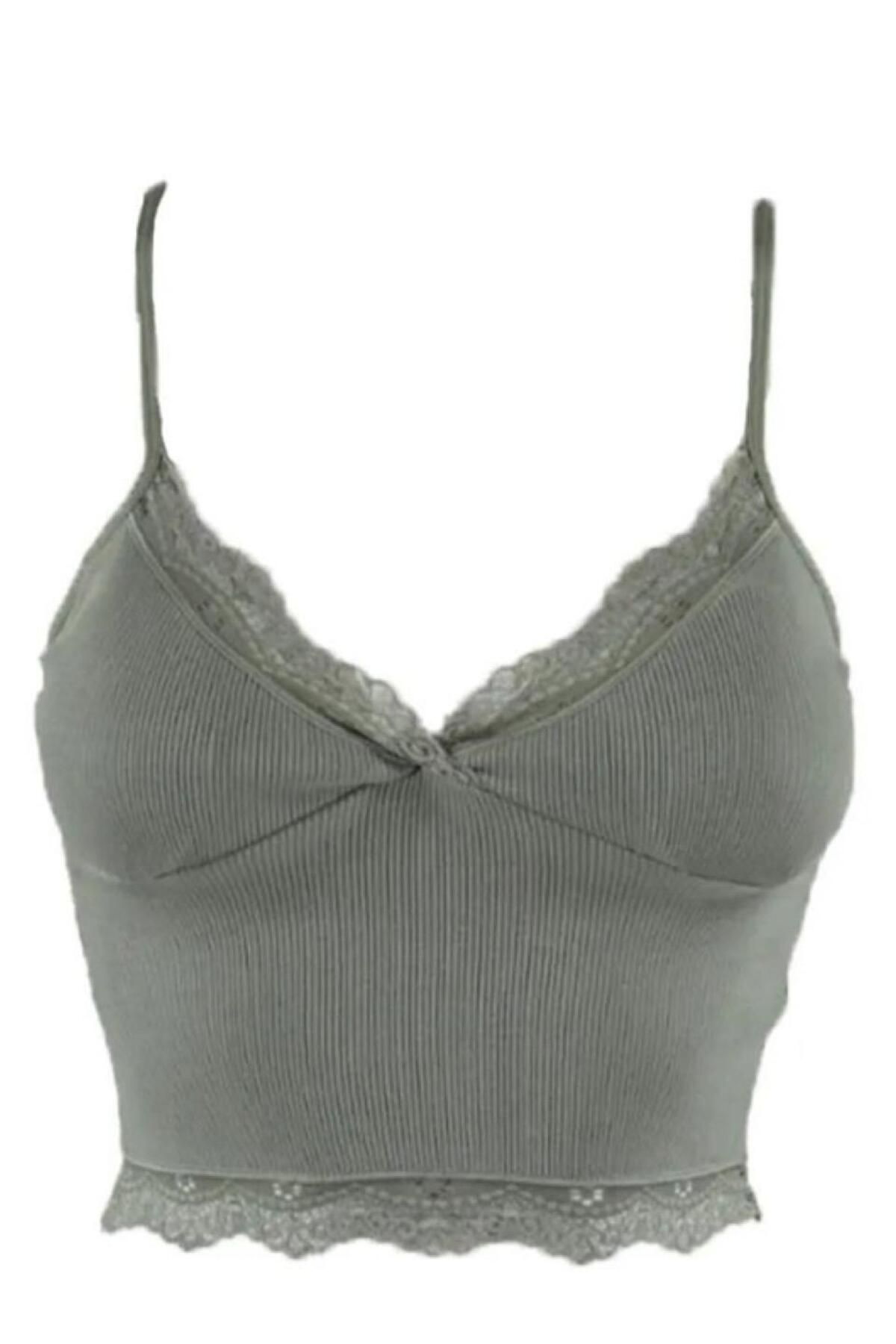 3lü Crop Takım Askılı Dantelli Pedli Büstiyer Bluz
