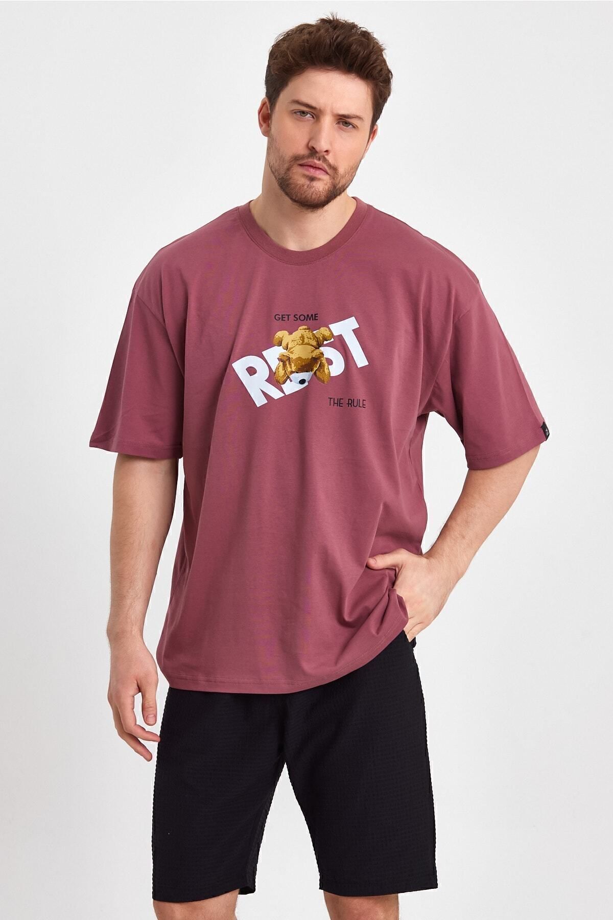 THE RULE-Ανδρικό Teddy Bear με στάμπα Oversize 100% βαμβακερό φαρδύ φαρδύ μπλουζάκι με λαιμόκοψη χαλαρό Dusty Rose T-shirt 2