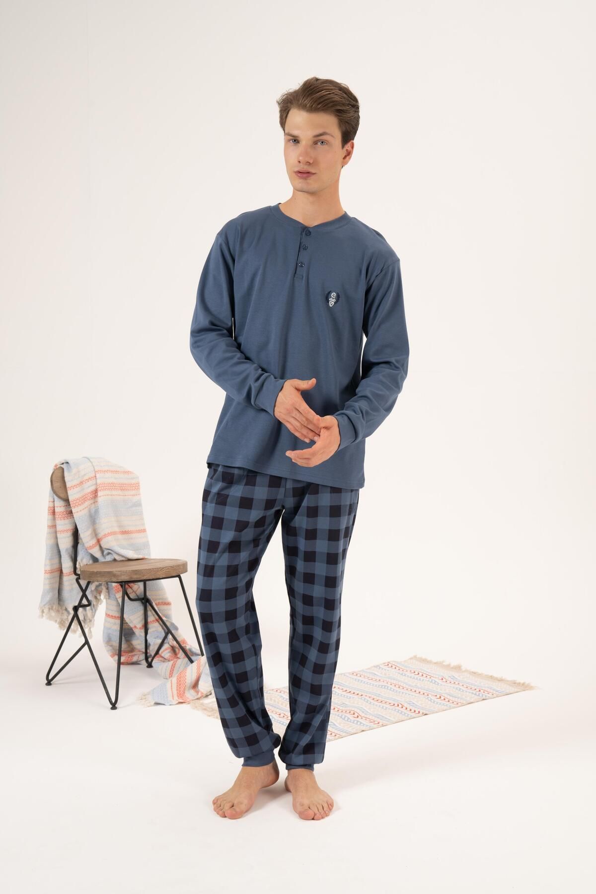 Estiva-Men's Winter Indigo Pajama Set - Button Collar, Checkered Bottom, Super Soft Interlock 6