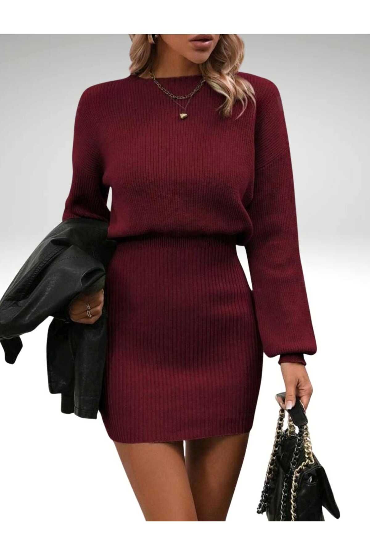 SolQ Mini úpletové šaty s dlouhým rukávem a výstřihem do V, pohodlný střih, elastický pas