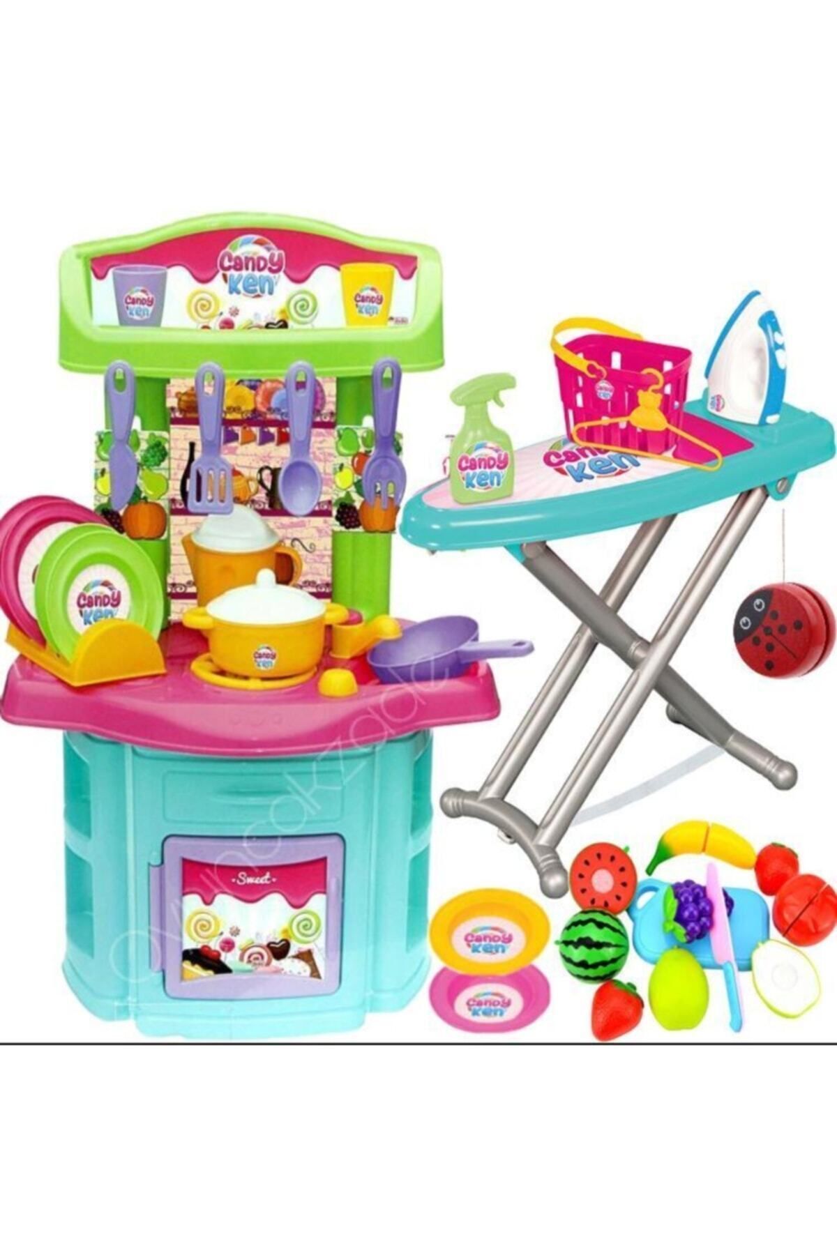 Candy Toy Chef Kitchen + Ironing Table with Candy Accessories + 14 Pieces Cuttable Fruit and Vegetable Set