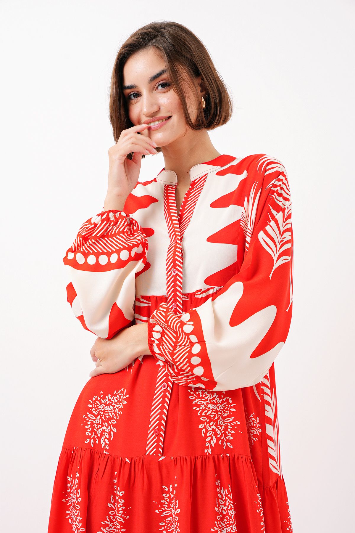 Bigdart-2423 Model Authentic Patterned Red Dress 5