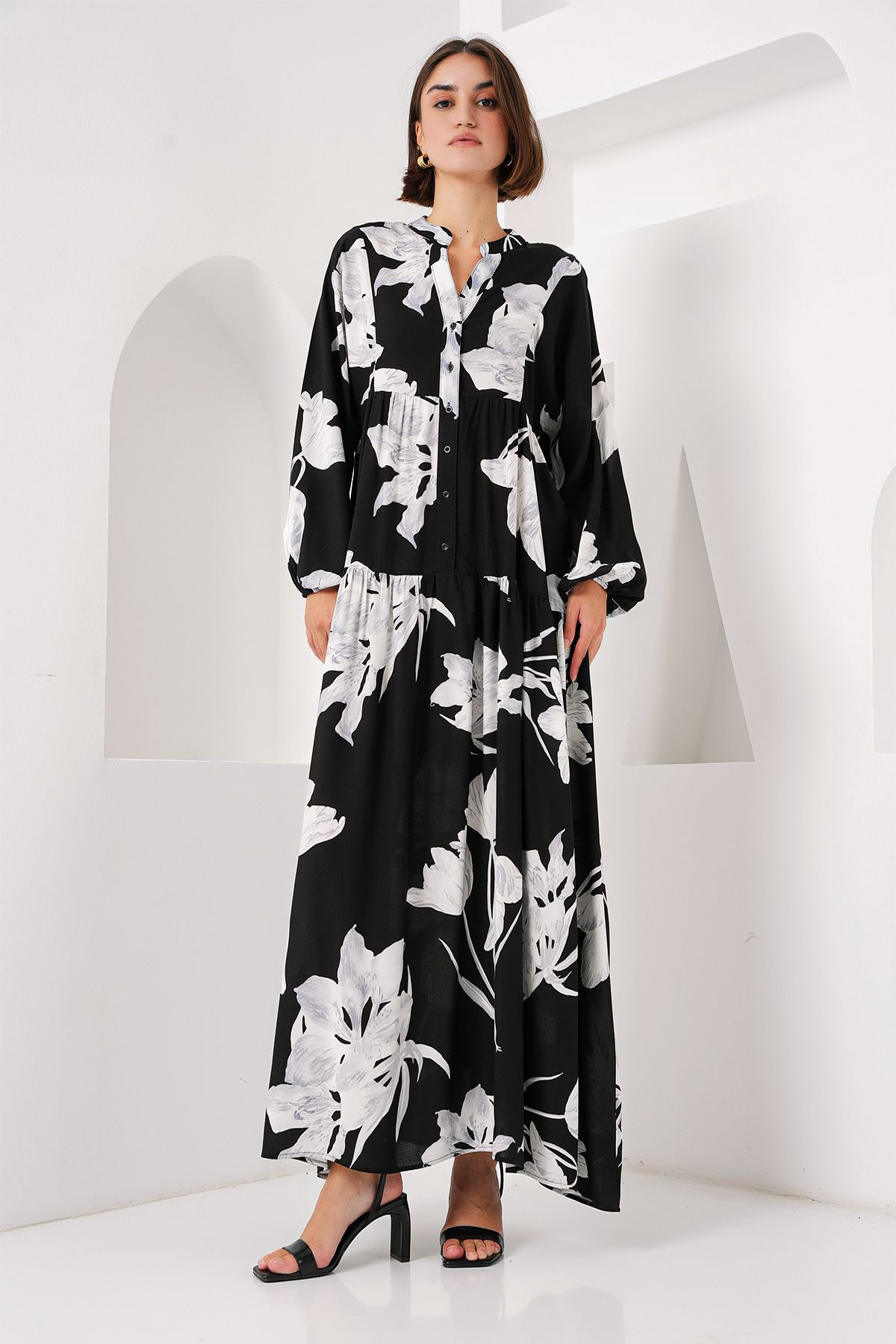 Bigdart-2423 Model Authentic Patterned Black Dress 2