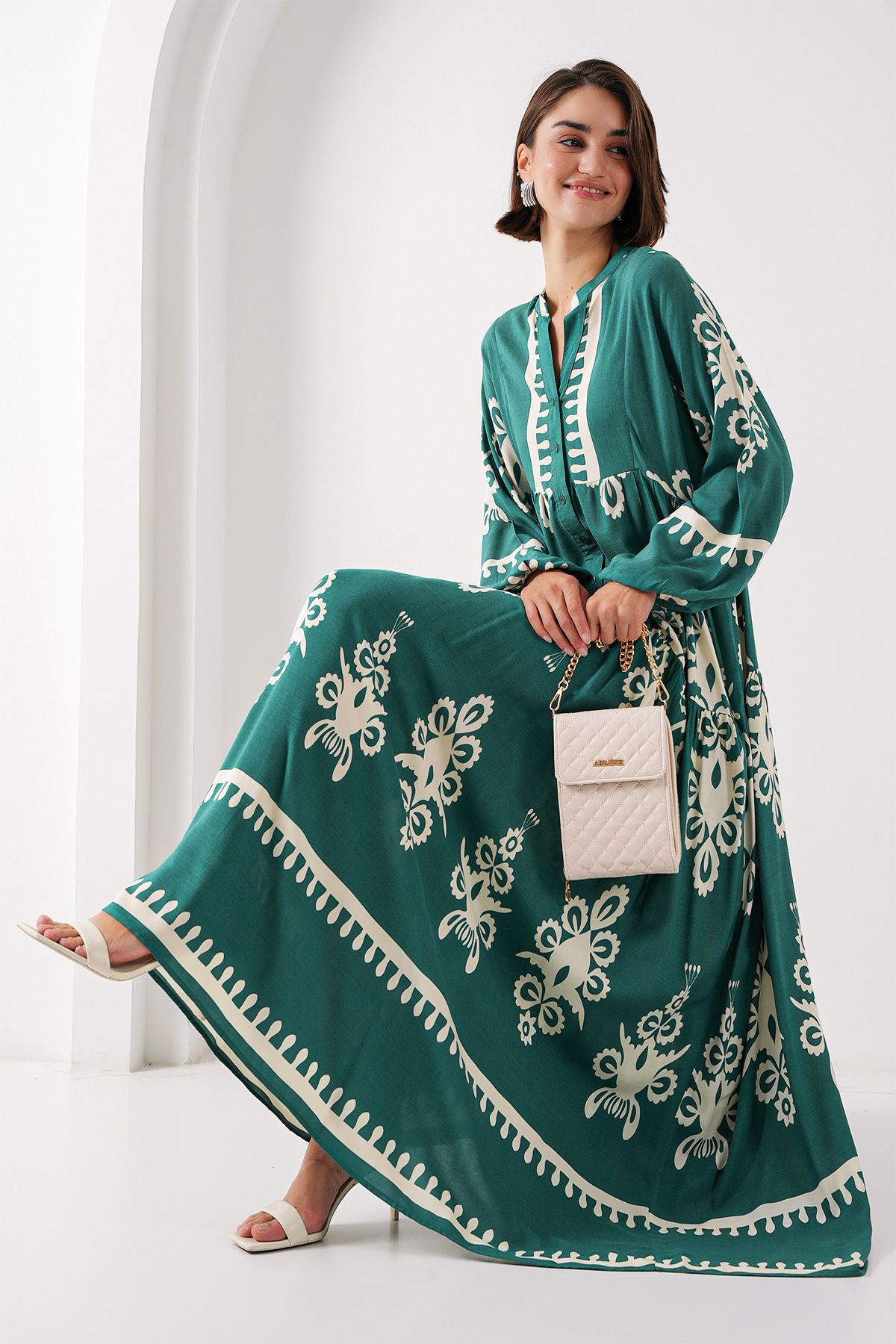 Bigdart-2423 Model Authentic Patterned Emerald Green Dress 1
