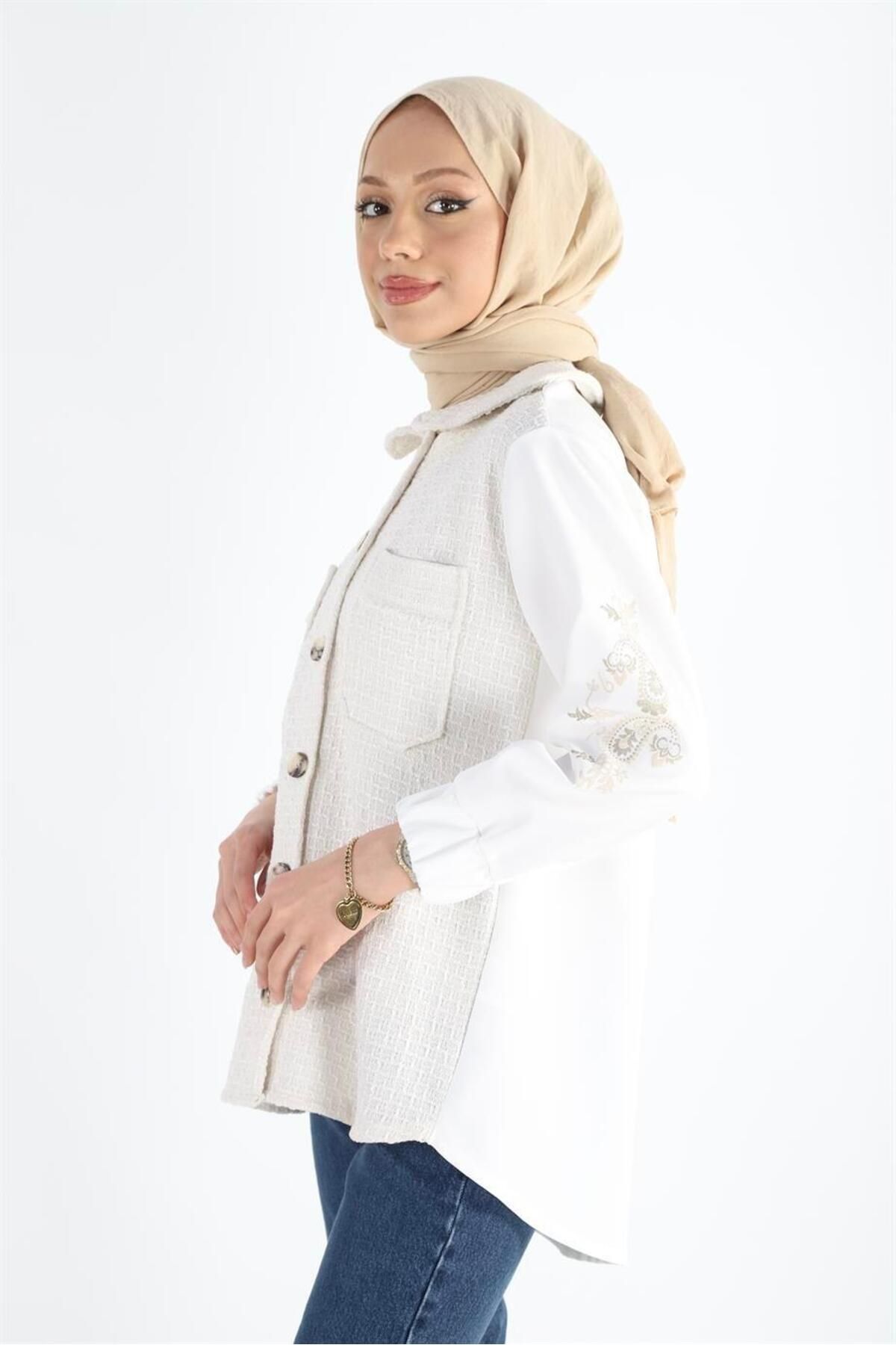 Plistre-2120_lungime Cămașă Hijab din Tweed cu nasturi 4