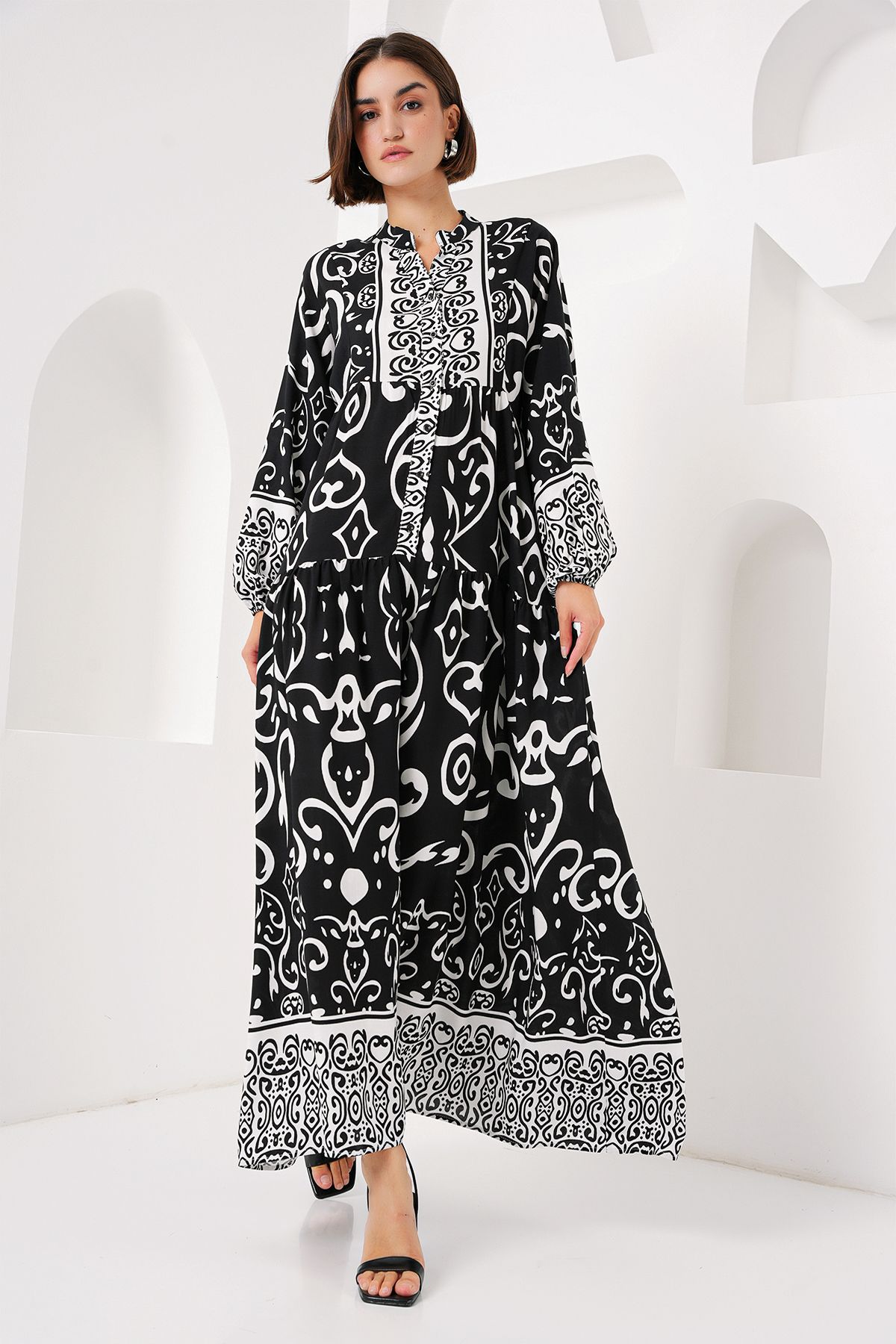 Bigdart-2423 Model Authentic Patterned Black Dress 2