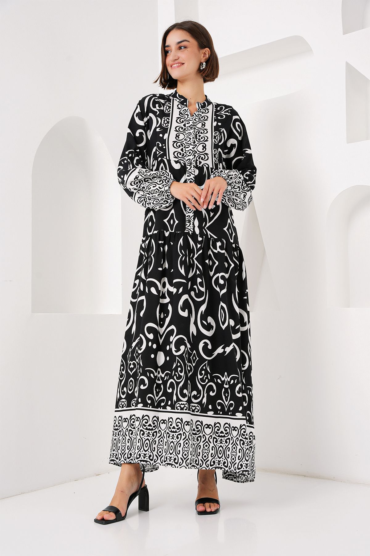 Bigdart-2423 Model Authentic Patterned Black Dress 3