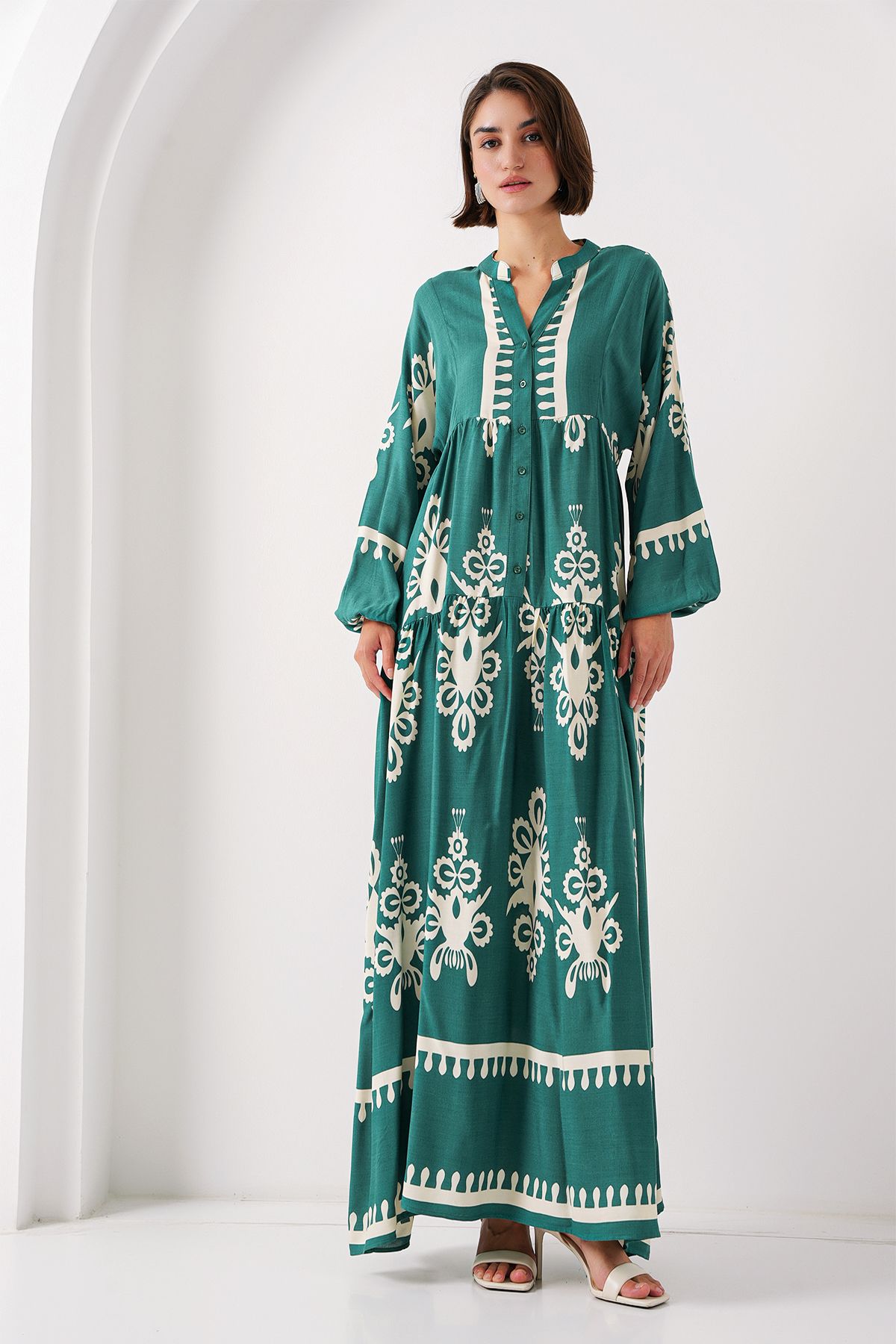 Bigdart-2423 Model Authentic Patterned Emerald Green Dress 2