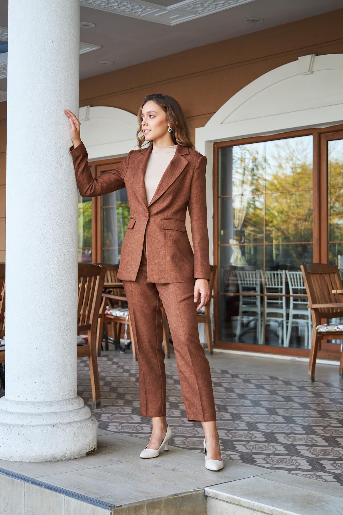 LOVELF-Single Button Coffee Color Wool Effect Set 5