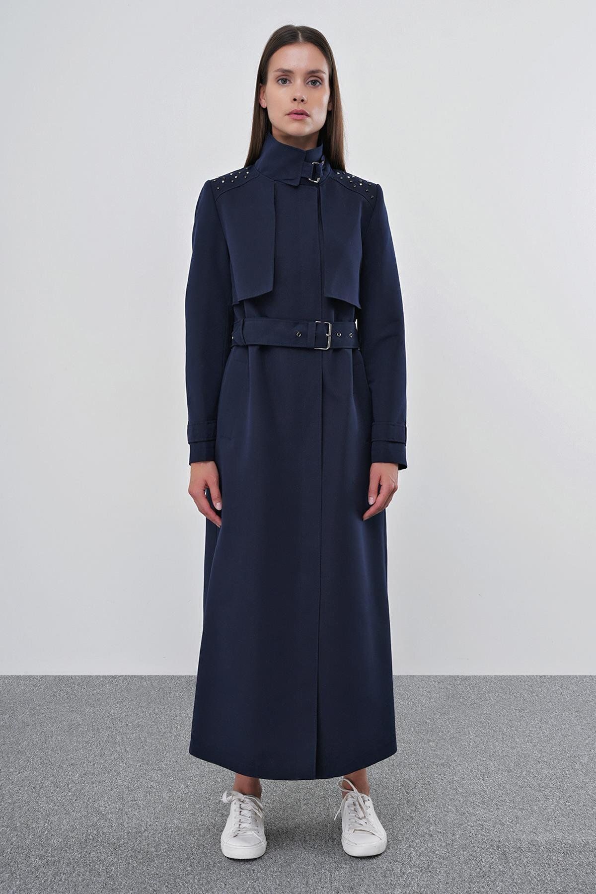 Zühre-Navy Blue Belted Trench Coat - Collar and Shoulder Detail 13542 1