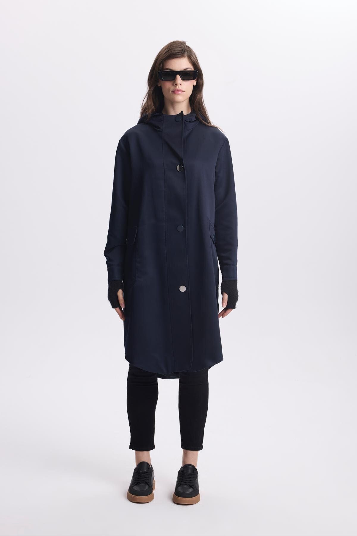 Zühre-Navy Blue Hooded Trench Coat 13612 - Pocket Detailed 1