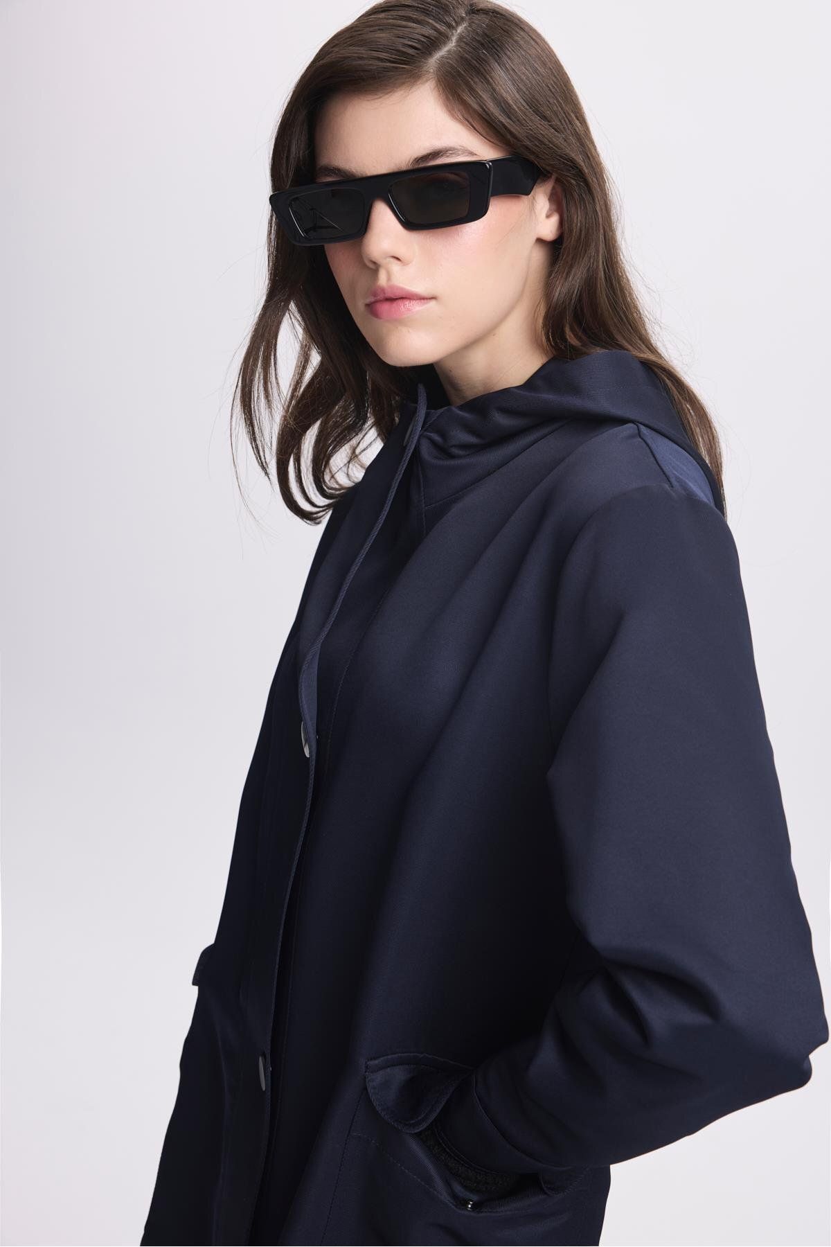 Zühre-Navy Blue Hooded Trench Coat 13612 - Pocket Detailed 2