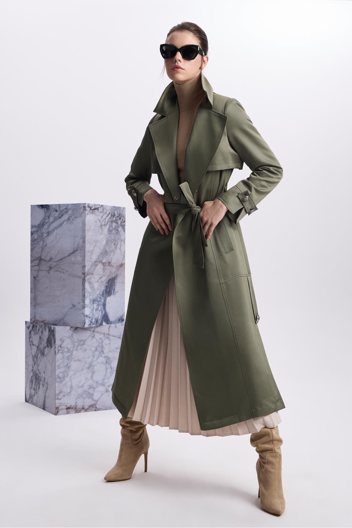 Zühre-Khaki Trench Coat - Double Breasted Collar and Button Detail 13532 1