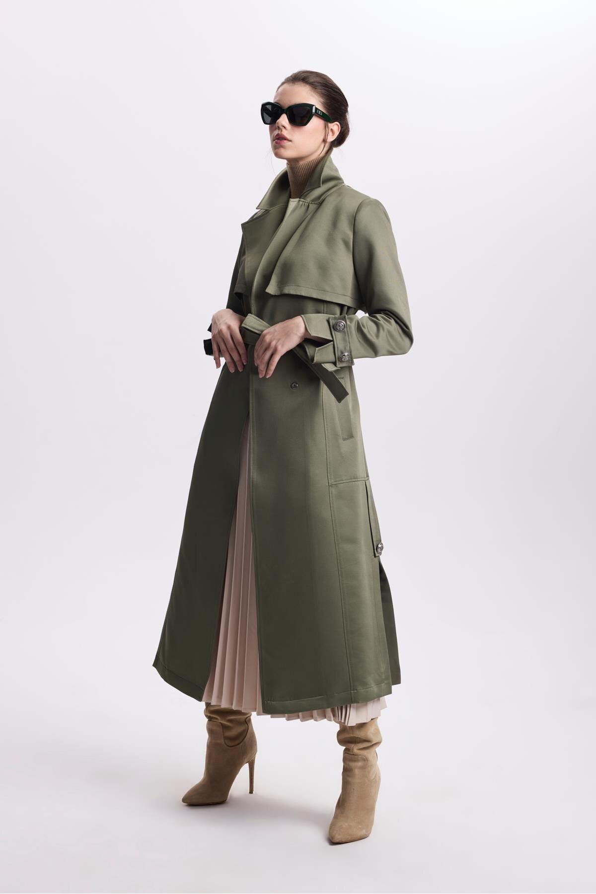 Zühre-Khaki Trench Coat - Double Breasted Collar and Button Detail 13532 3