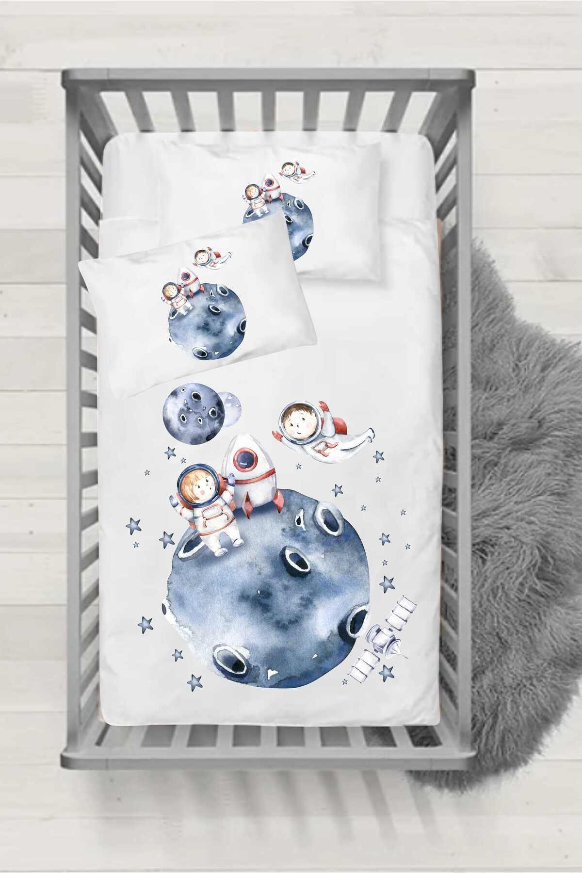 the mr east-Miss Astronaut Children's Patterned Baby Bed Sheet - Elastic, 60x120cm/15cm 2-Piece Pillow Set 1