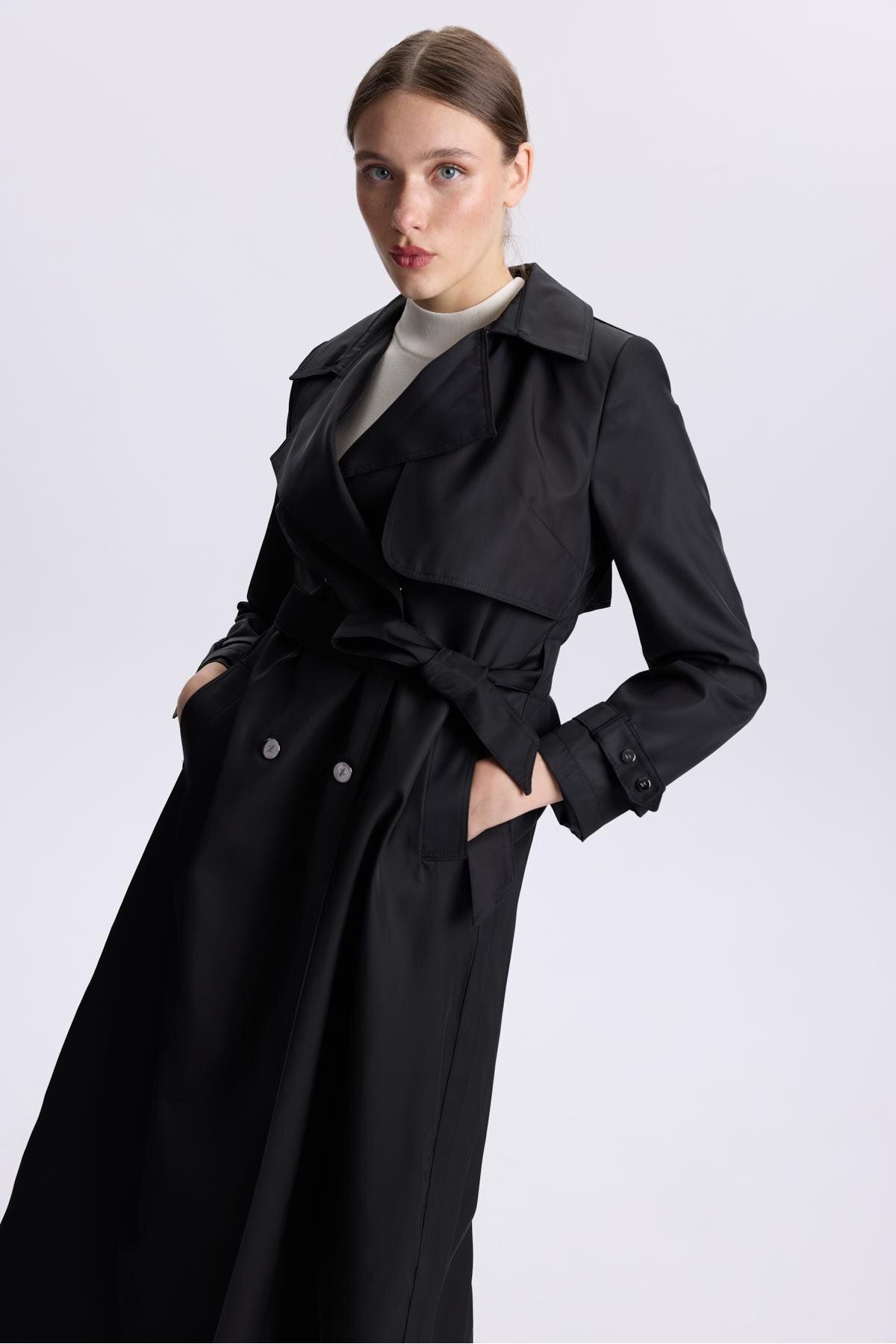 Zühre-Double Breasted Collar Sleeve Detailed Black Trench Coat 13311 2