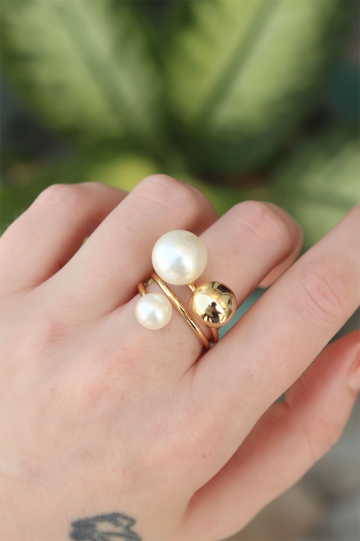 nazeninstoğu-Brass Gold Color Adjustable Pearl Jewelled Ring 1