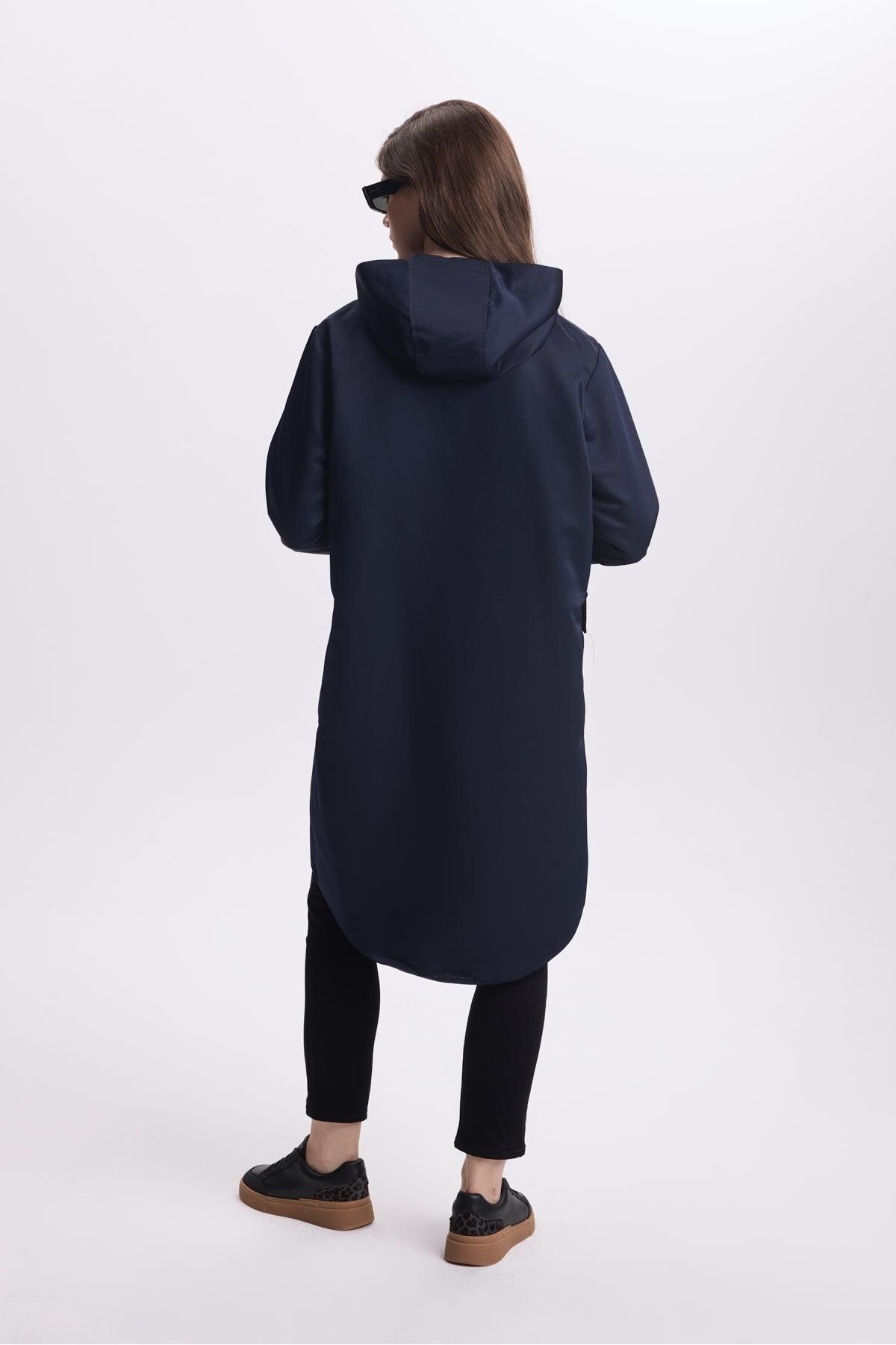 Zühre-Navy Blue Hooded Trench Coat 13612 - Pocket Detailed 5